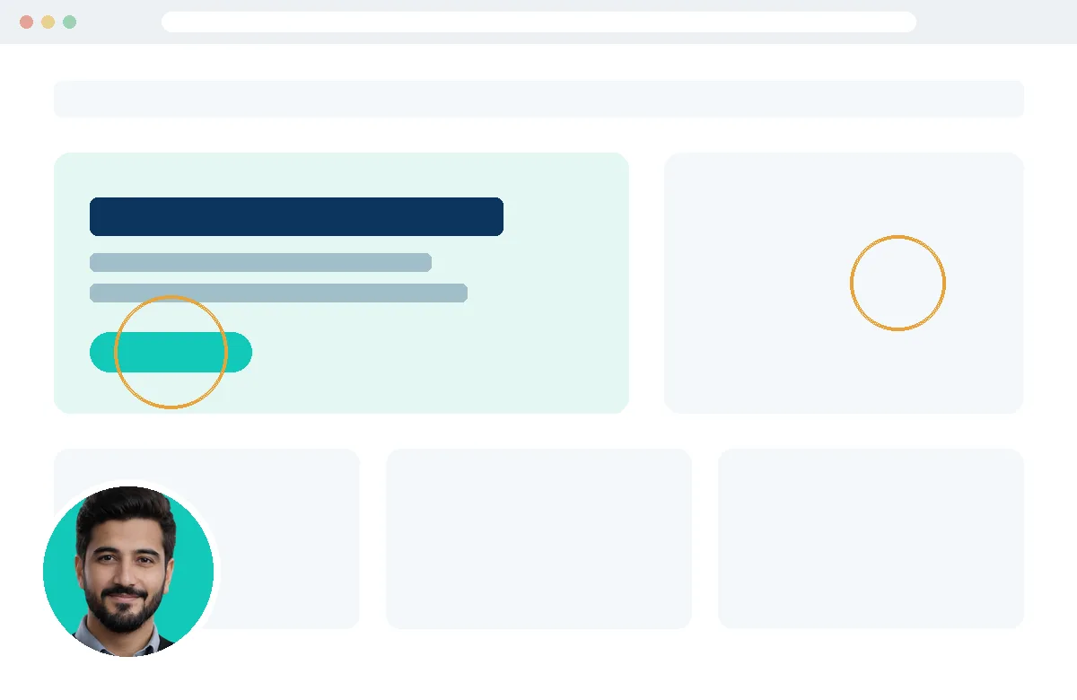 Illustration of a website being reviewed on video, with Suleman in a corner bubble