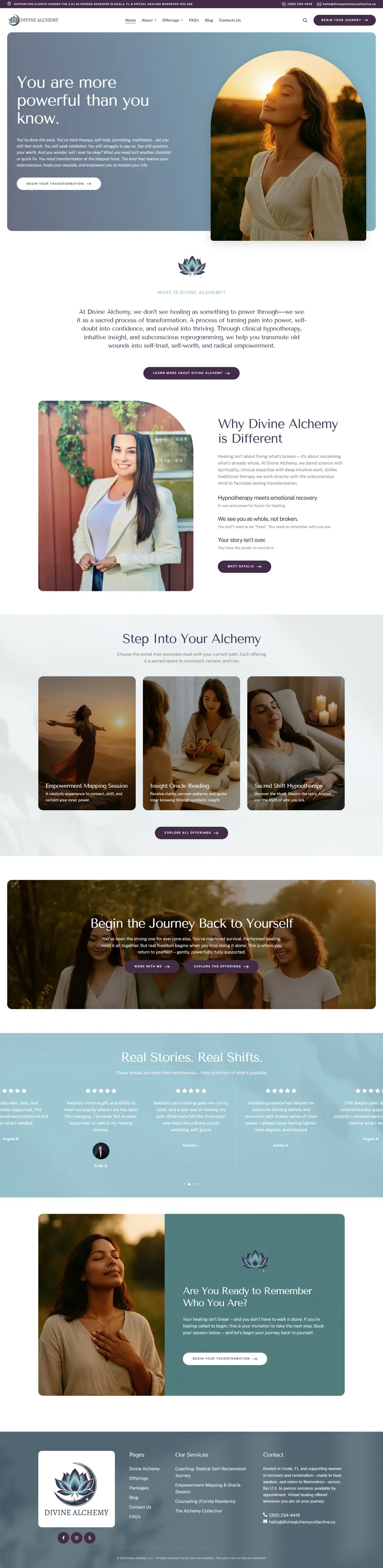 Full homepage of the Divine Alchemy website on desktop