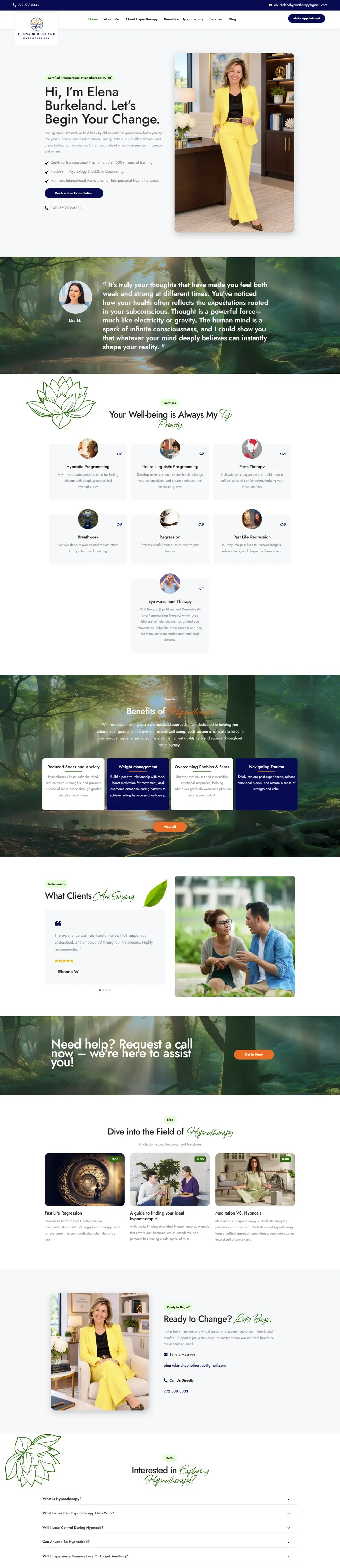 Full homepage of the Elena Burkeland Hypnotherapy website on desktop
