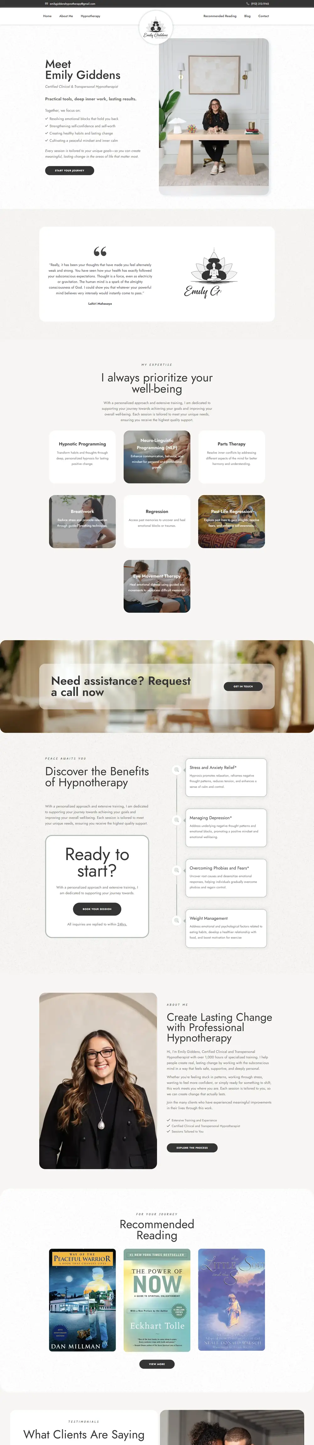 Full homepage of the Emily Giddens Hypnotherapy website on desktop
