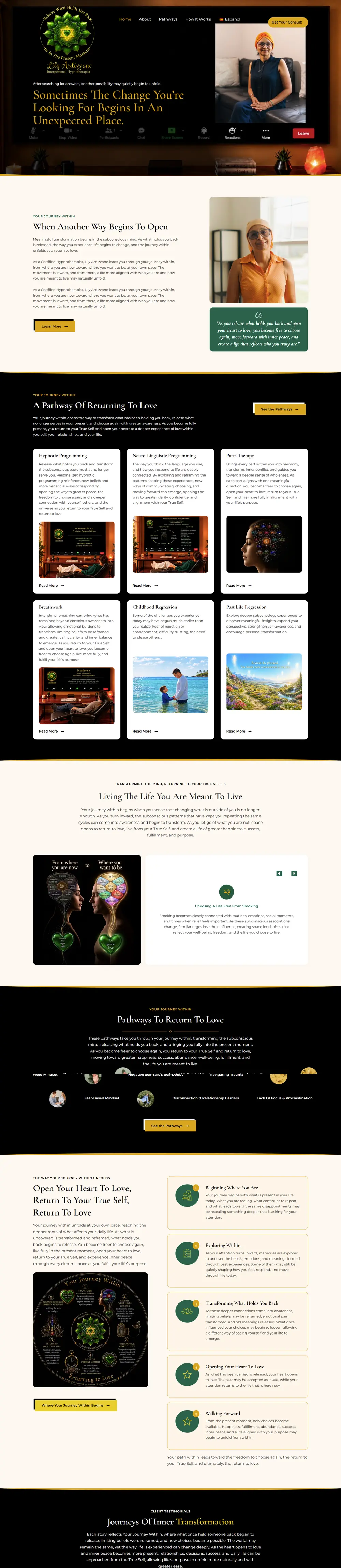 Full homepage of the Lily Ardizzone Hypnotherapy website on desktop